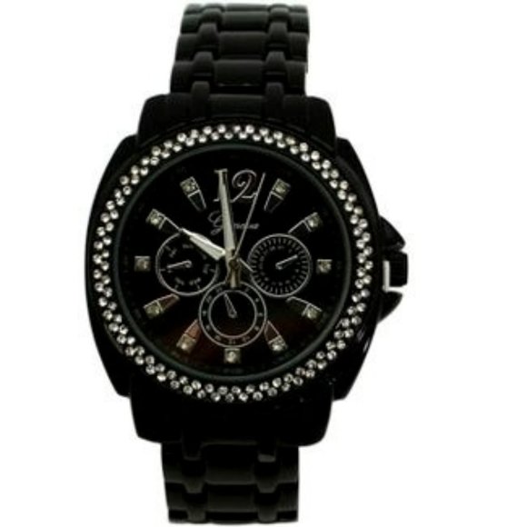 BLACK RHINESTONE BEZEL BLACK METAL WATCH - Picture 1 of 2